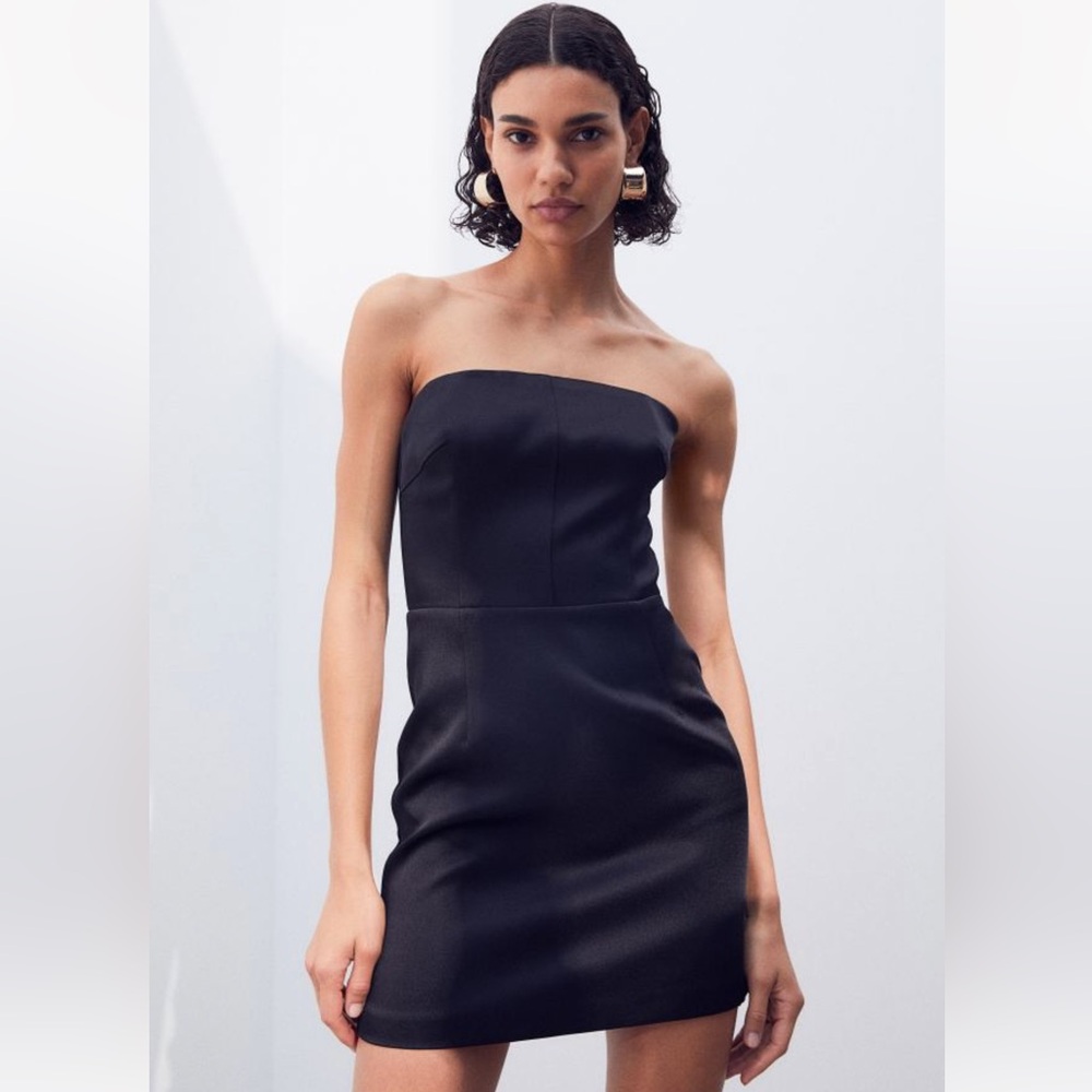 Black satin tube top strapless smocked back Bandeau Mini Dress